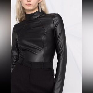 Wolford and Amina Muaddi Black Faux-Leather Bodysuit